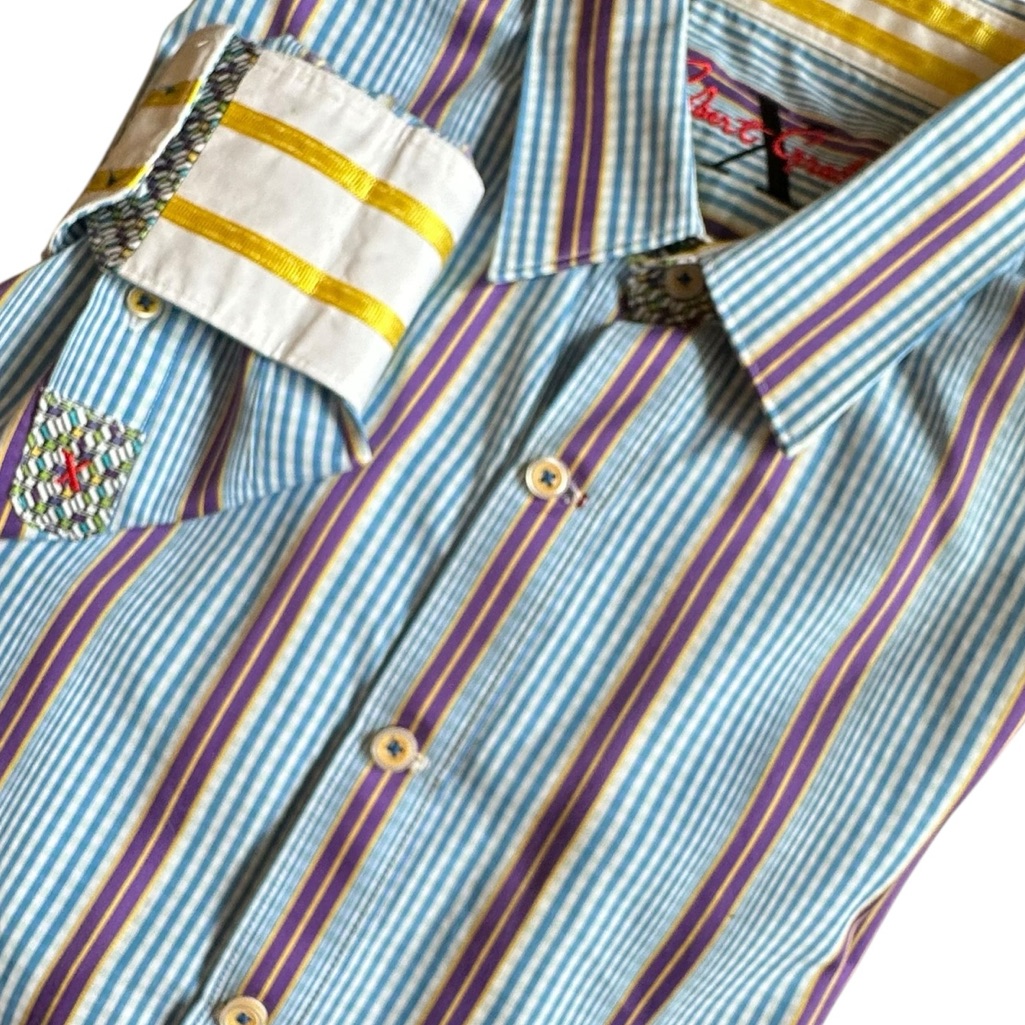 Robert Graham Shirt Men's Small Blue & Purple Striped Long Sleeve W/ Flip Cuffs